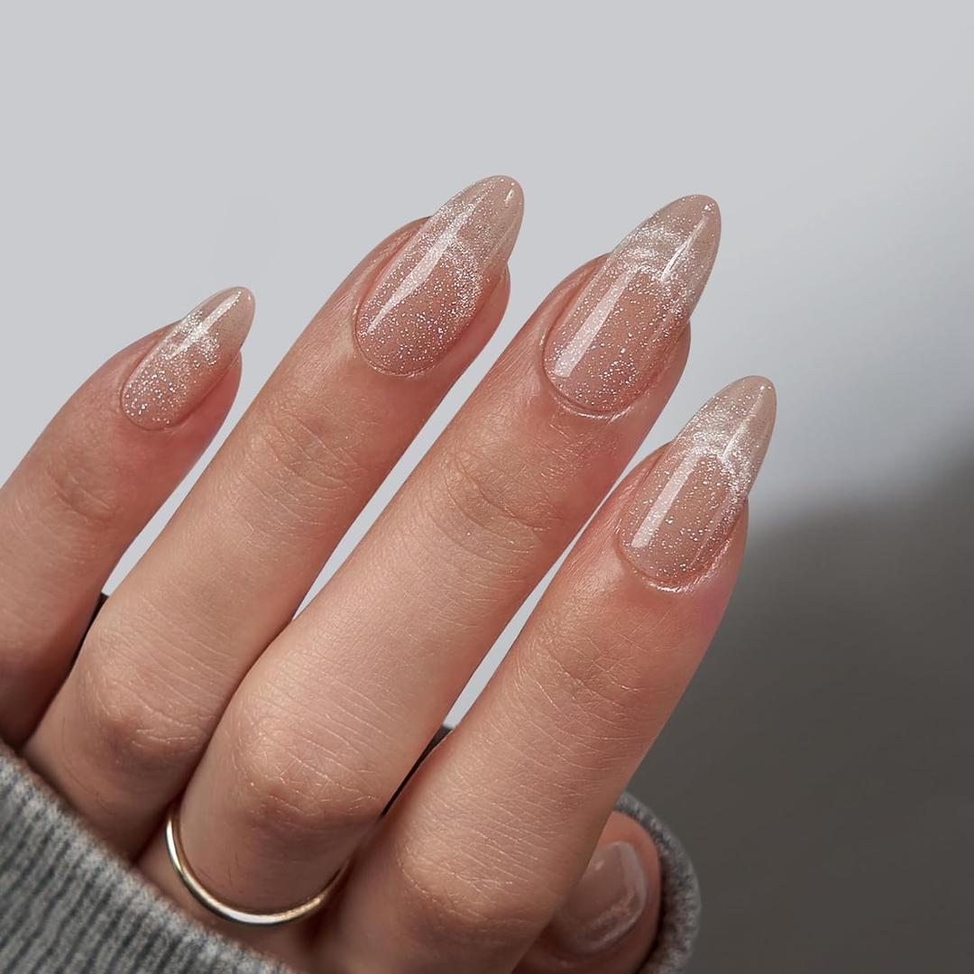 BTArtbox Almond Press On Nails Medium - Lamp-Curable Cat Eye Press On Nails with Glue for Women, Semi-Transparent Soft Gel Glue On Nails in 15 Sizes - 30 Stick On Nails Kit, Sunlit Shimmer