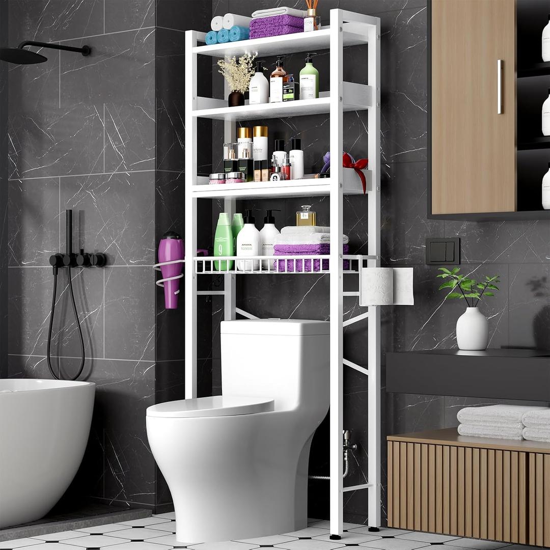 Over The Toilet Storage Cabinet,4 Tier Bathroom Organizer and Storage With Adjustable Shelf Waterproof Feet Pad and Basket Multifunctional Space Saver Freestanding Bathroom Shelves With Dividers White, Large