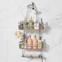 SWTYMIKI Bathroom Shower Caddy Hanging - 3 Tier Rustproof Over Shower Head Organizer, No Drilling Bathroom Shelf with 16 Hooks & Soap Holder, Anti-Swing Rack for Shampoo,Sponge,Towel, Silver, Large