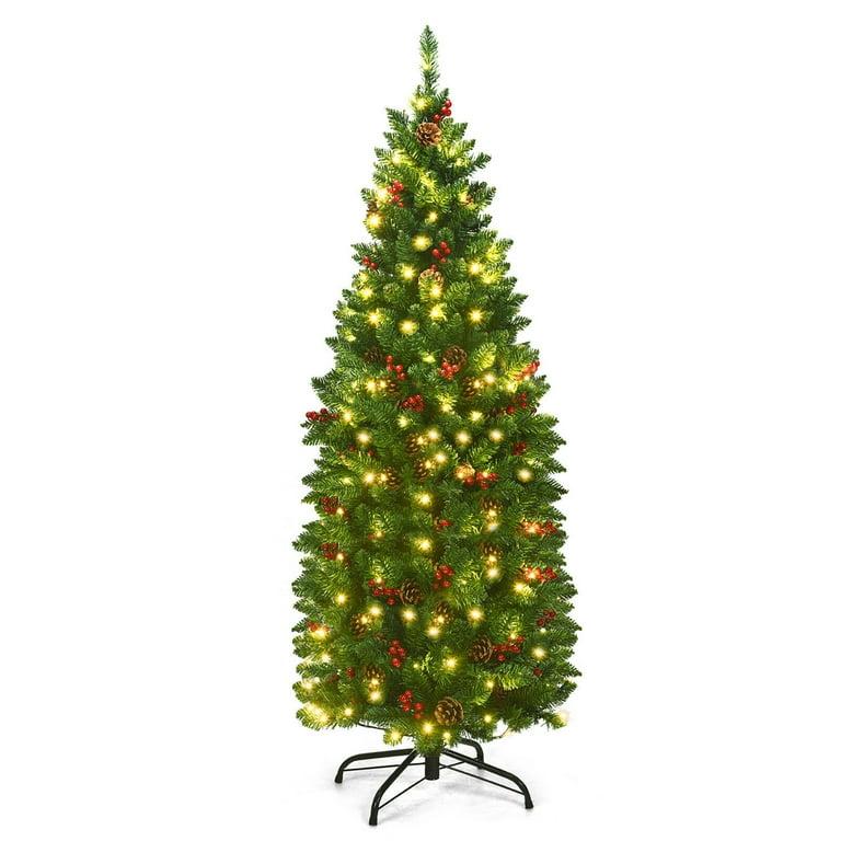 4.5Ft Pre-lit Hinged Pencil Christmas Tree w/Pine Cones Red Berries & 150 Lights