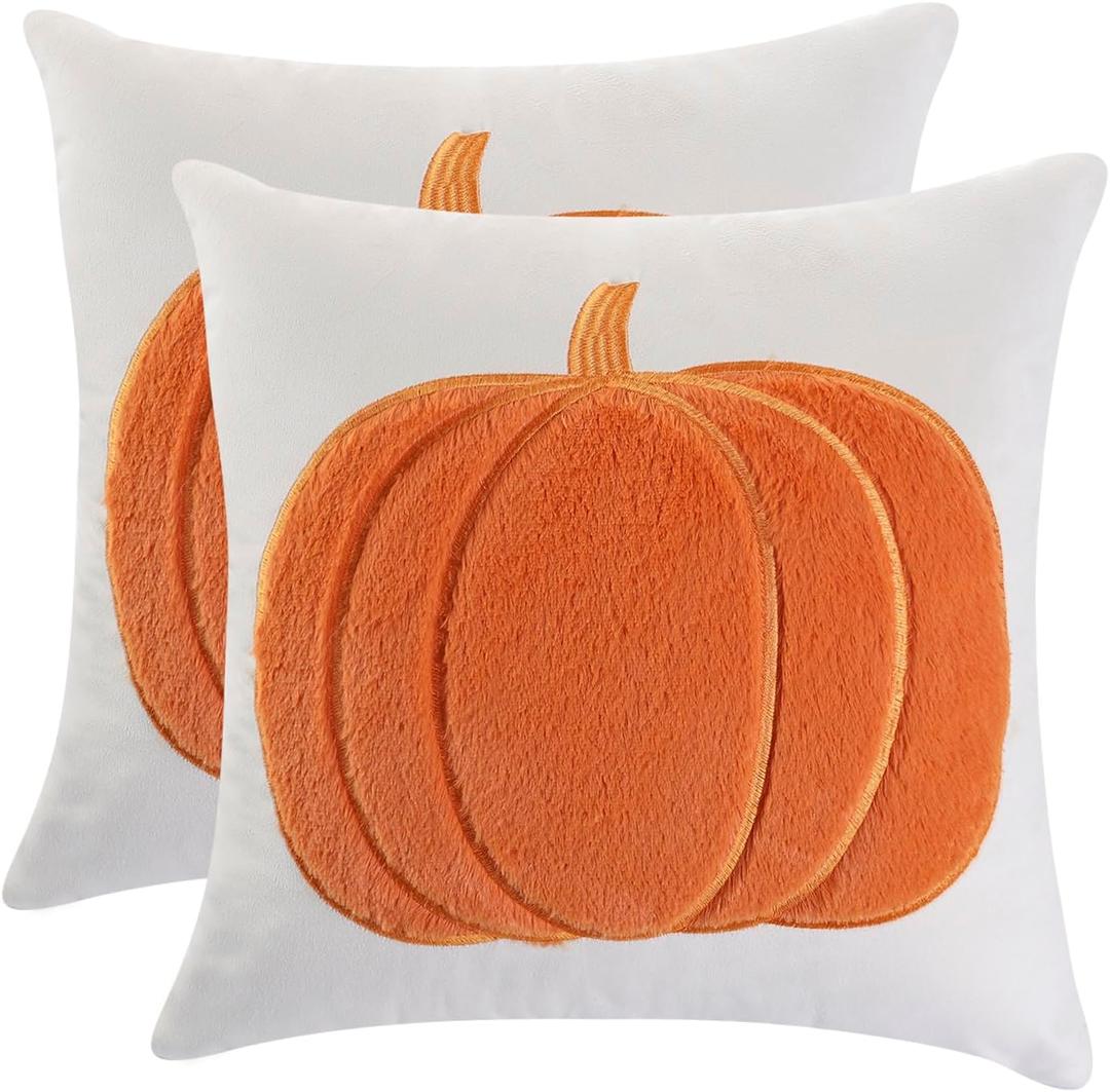LUOYEHK Halloween Throw Pillow Covers 18x18 Set of 2 Orange Pumpkin Embroidered Pillow Cases Holiday Thanksgiving Velvet Cushion Covers for Couch Sofa Bed