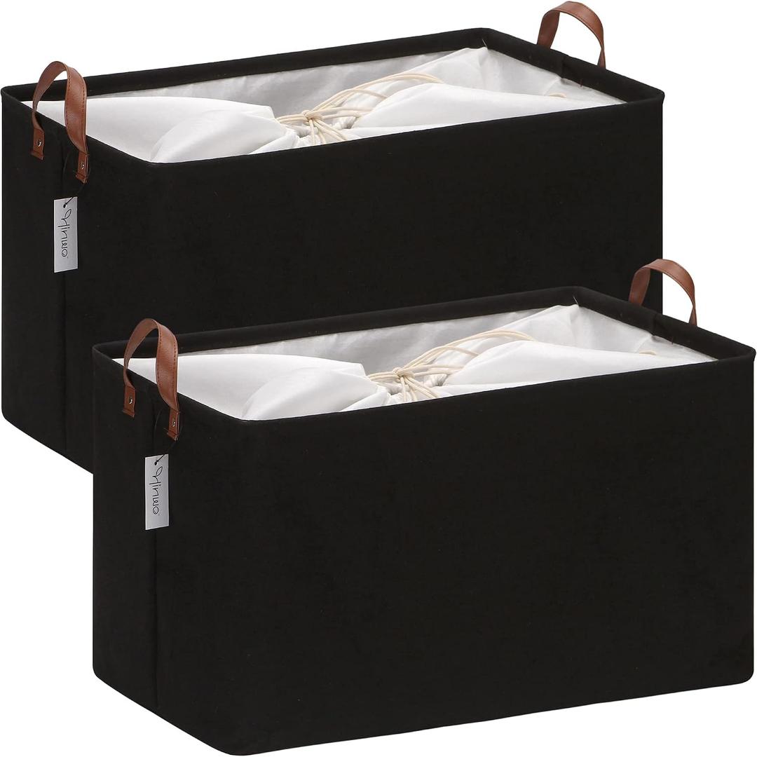 Hinwo 70L Extra Large Storage Bins, 2-Pack Closet Organizers and Storage, Foldable Clothes Storage Baskets with Handles, Containers for Clothing, Blanket, Comforters, Toys, Bedding (Black)