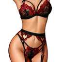 RSLOVE Women Lingerie Set with Garter Belt Lace Lace Teddy Babydoll Strappy Exotic Bra and Panty Set (No Stockings) Black-Red S