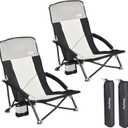 SUNNYFEEL Folding Low Camping Beach Chair 2 Pack, Lightweight Portable Lawn Chair with Mesh Back, Cup Holder for Outdoor/Travel/Picnic/Concert, Foldable Camp Backpack Chair with Carry Bag (Black Grey-2 Set)