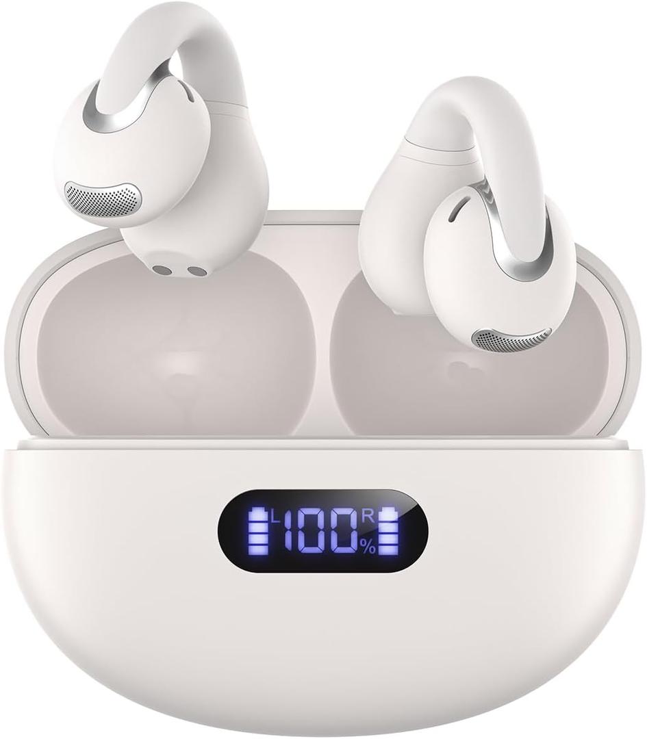 Open Ear Clip Wireless Earbuds Bluetooth 5.4, Lightweight Comfort Sports Bone Conduction Headphones Built-in Mic for Clear Audio, Stable Fit Earphones 24H Play-Beige