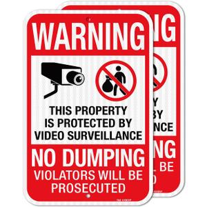 T&R (2 pack) No Dumping, Property Protected By Video Surveillance Sign, 18"x12" Engineer Grade Reflective Sheeting, Rust Free Aluminum, Weather Resistant, Fade Resistant, 2 Pre-drilled Holes