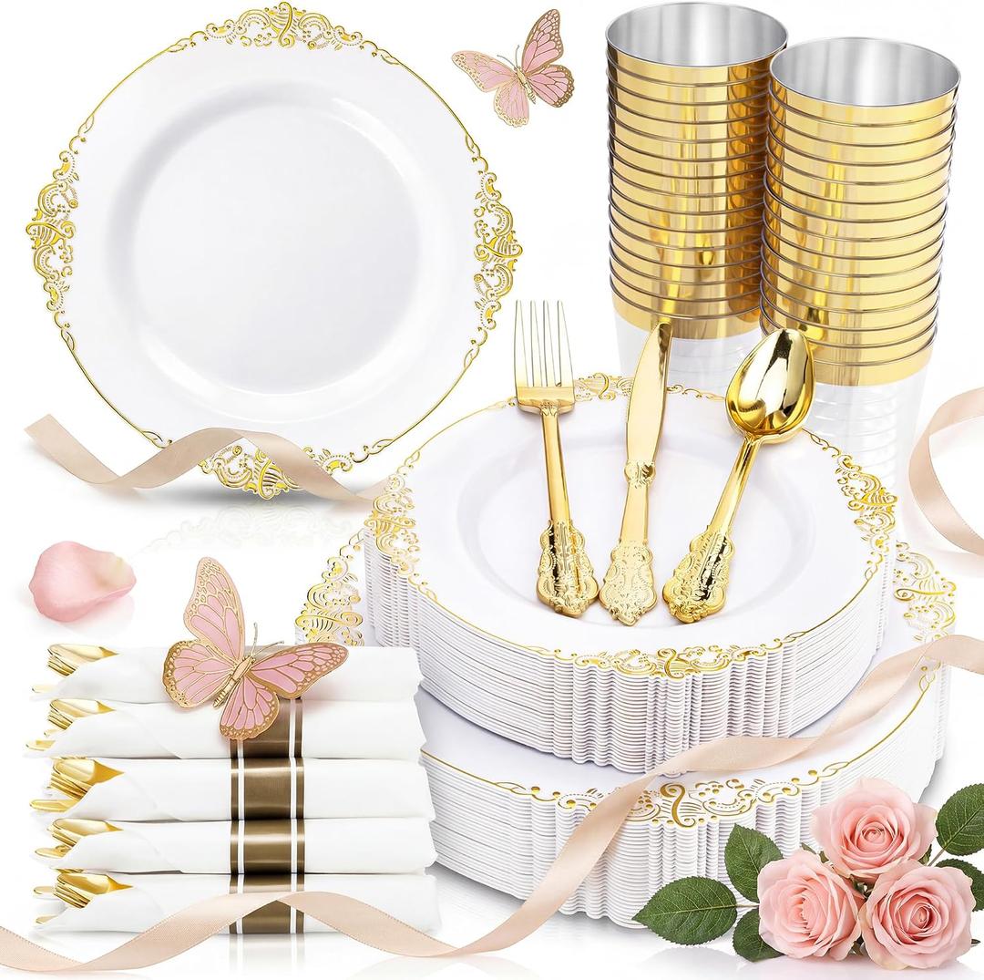 Nervure 350PCS Gold Plastic Plates - Gold Plastic Dinnerware Sets for 50 Guests - 100 Disposable Plates, 150 Silverware, 50 Cups, 50 Napkins for Wedding & Party & Mothers Day