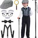 TaikaoQi Old Man Costume for Kids 100 Day of School Costume for Boys Grandpa Cosplay Accessories with Hat, Glasses, Cane, Bow Tie, Suspenders, Magnifying Glass, Eyebrows & Mustache