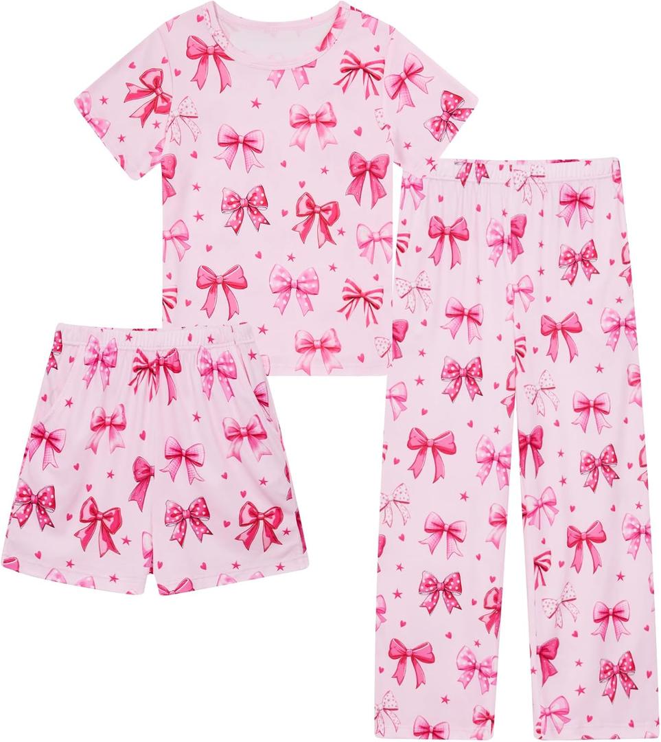 Funnycokid Girls Pajamas 3 Piece Short Sleeve Shirt Top Pants Shorts with Pockets 7-14 Years