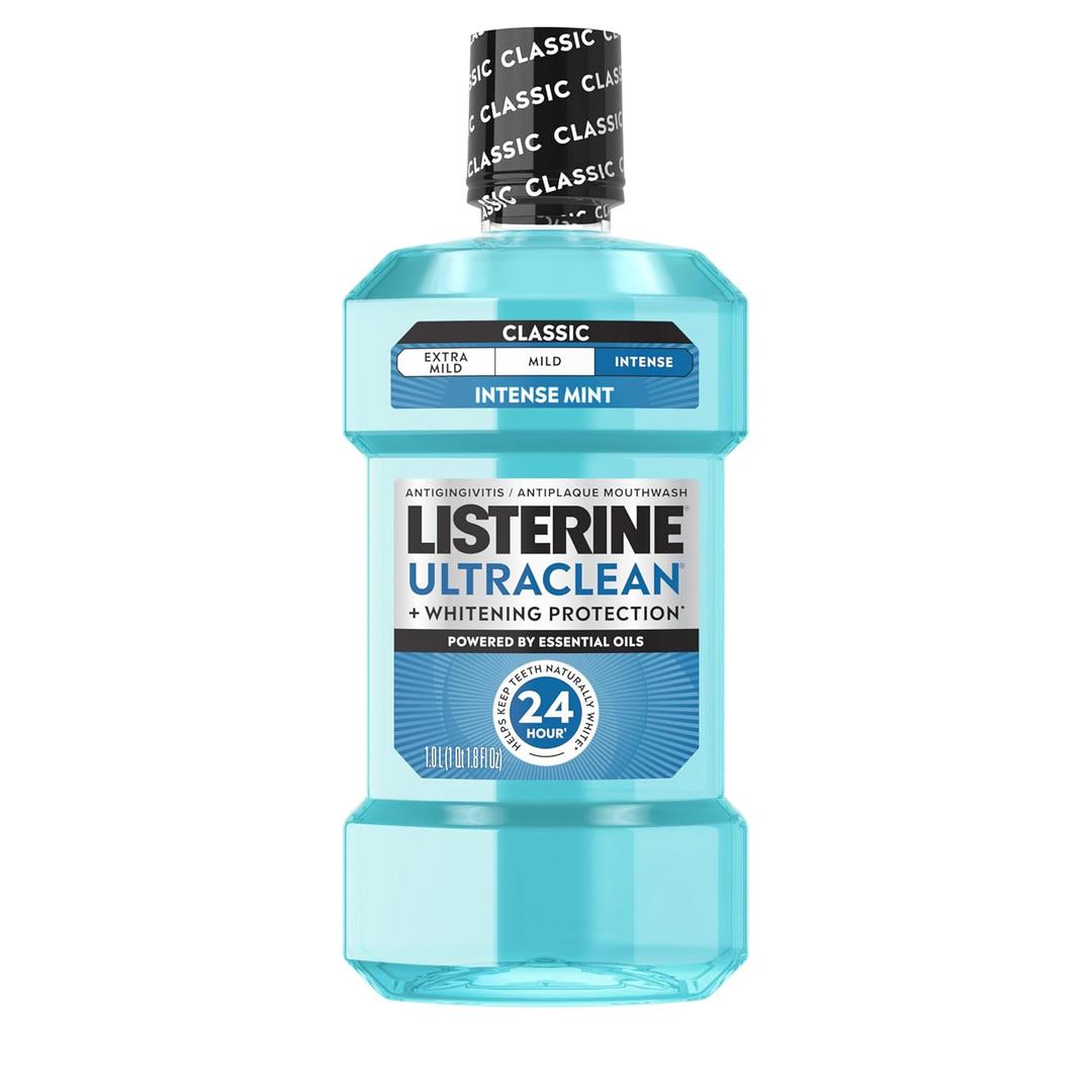 Listerine Ultraclean Intense Antiseptic Mouthwash + Whitening Protection*, Everfresh Technology to Help Fight Bad Breath, Gingivitis, & Plaque, Tartar Control Oral Rinse, Intense Mint, 1L (33.8 Fl Oz (Pack of 1))