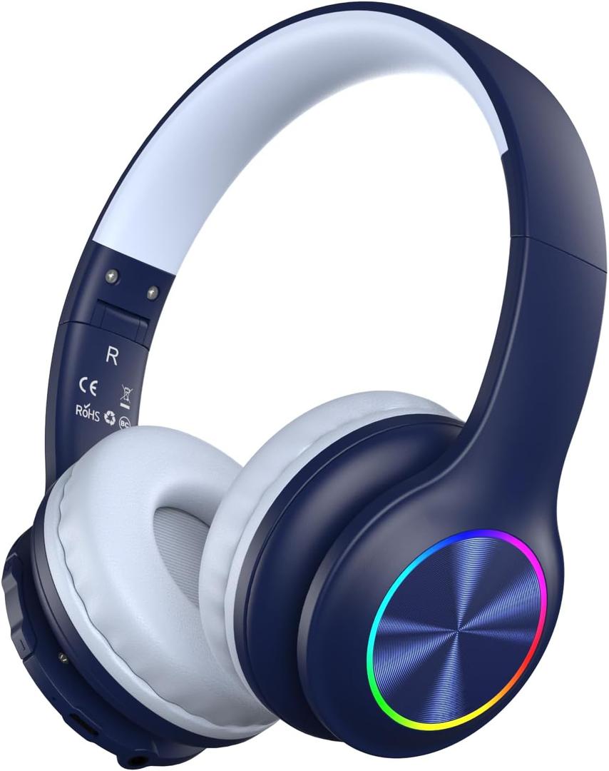 Candy Bila Kids Bluetooth 6.0 Headphones with LED Light, 85Hours Playtimes, Type-C Fast Charging, 85/94dB Volume Limited, Comfort Wireless Headphones with Built-in Mic, Wired & TF Card Mode, Navy Blue