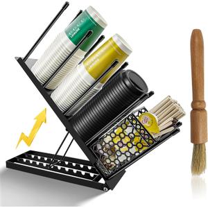 Coffee Cup and Lid Holder with Straw Holder/Coffee Clean Brush, Metal Adjustable Bar Organizer 4 Compartment Cup Dispenser Organizers for Station Home Countertop Bar Breakroom (Black)