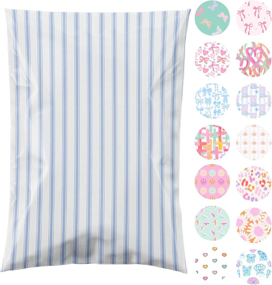 6x9 Designer Poly Mailer 100 Pack Heavy Duty Waterproof Self Seal Shipping Bags for Small Business Large Mailing Envelopes Bulk Tear Resistant Packaging Blue Stripe