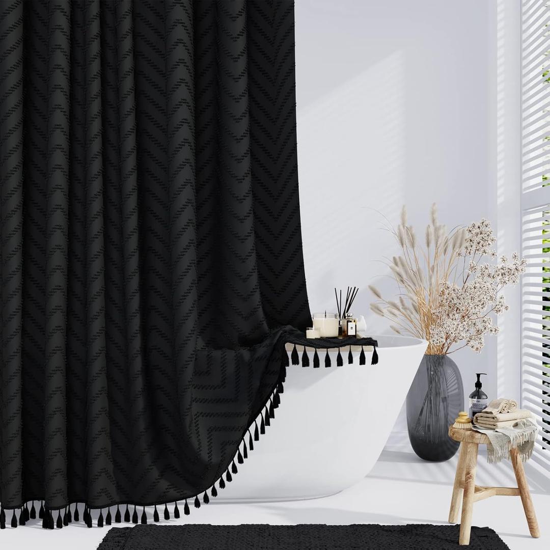 Dynamene Stall Fabric Shower Curtain, 48 Inch Wide Boho Farmhouse Tufted Chevron Striped Tassel Shower Curtain for Bathroom, Minimalist Ruffled Textured Cloth Shower Curtain Set, 8 Hook, 48x72, Black