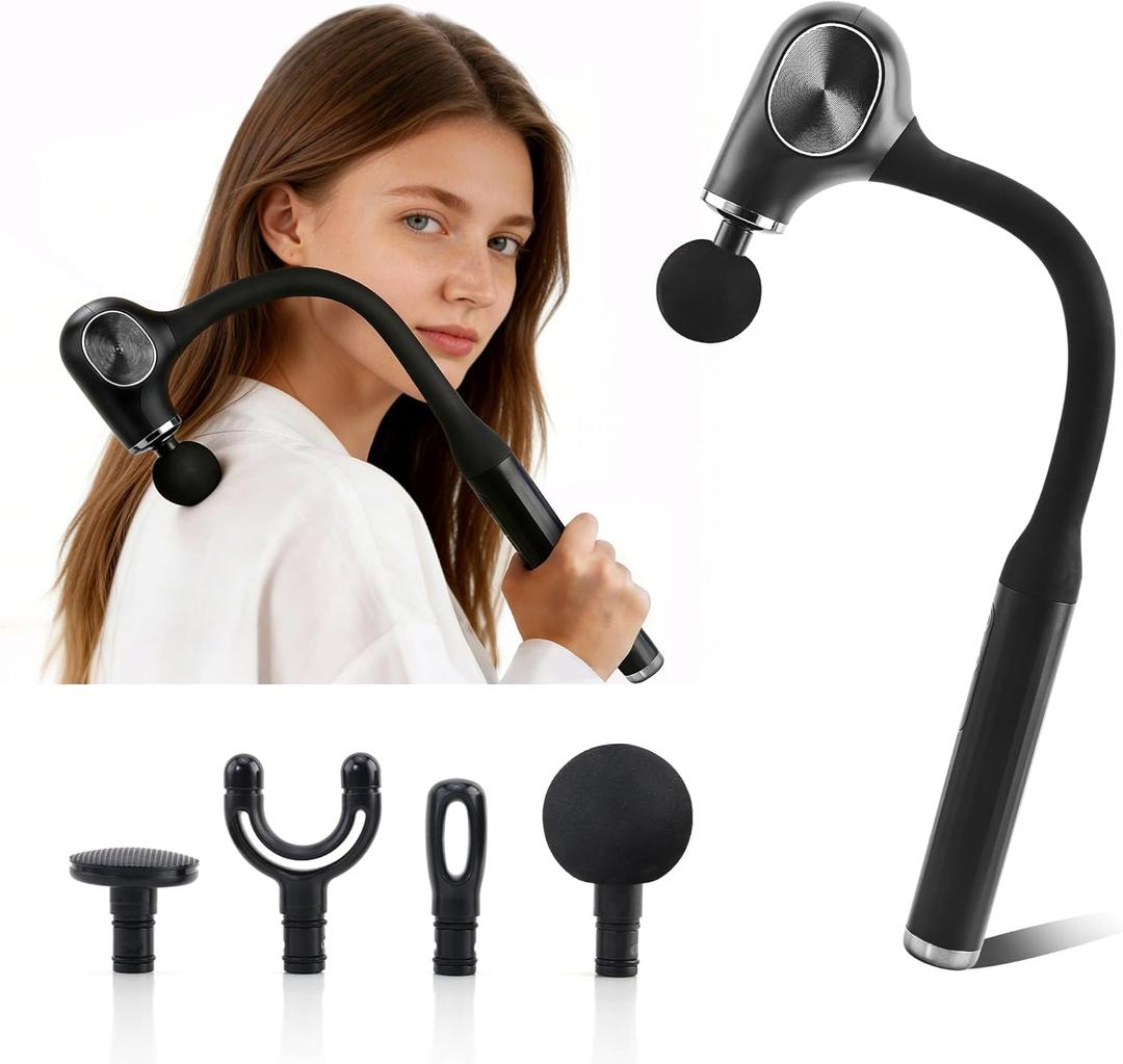 UFFAE Brushless Motor Massage Gun with Upgraded Extension Handle, Back Massager for Pain Relief Deep Tissue with 4 Massage Heads & 5 Speed Levels, Black Silver