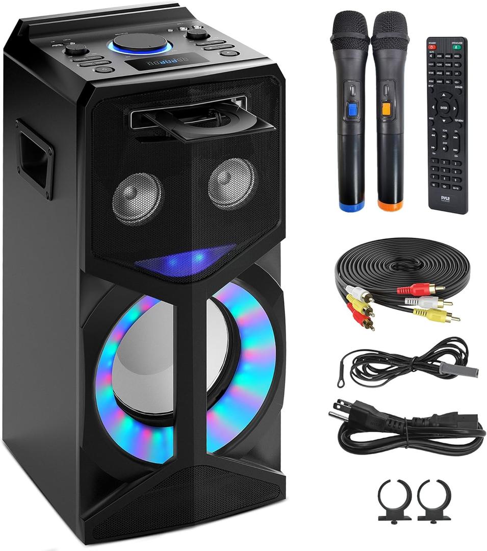 Pyle Audio Video DVD Karaoke PA Speaker System w/2 Wireless Microphones - 800W Built-in Multimedia Disc Player, Bluetooth, FM Radio, USB Slot, LED Display Screen, Remote Control and Cables included