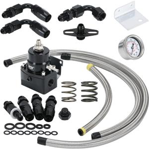 Adjustable Fuel Pressure Regulator Kit 3-70PSI With 6AN Return and 6AN feed Port with AN6-6AN Fuel Line Hoses Connectors (black)