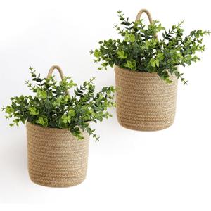 Dahey 2 Pack Wall Hanging Rope Basket (6.5"W7"H) with Artificial Eucalyptus, Jute Woven Storage Organizer Flower Plants Basket Farmhouse Rustic Wall Decor for Porch Living Room Bedroom Entryway,Brown
