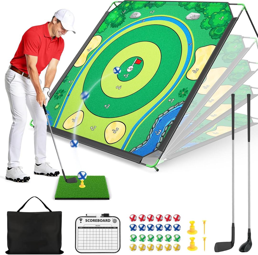 Golf Chipping Game Set, 71 X 71 in Large Golf Practice Mat with 2 Adjustable Clubs, Hitting Mat, 24 Sticky Balls, 2 Golf Tees, Scoreboard & Carry Bag, Indoor Outdoor Training Game for Adults (Green)