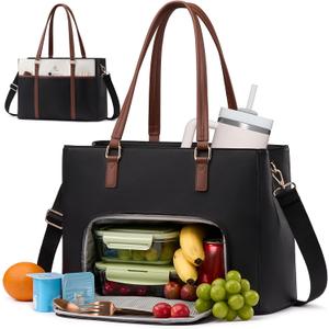LOVEVOOK Lunch Bag for Women, Leather Work Laptop Tote Bag with Insulated Lunch Compartment, 15.6 Inch 2 in 1 Lunch Tote for Business, Teacher, Nurse, Office, College, Casual