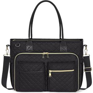 Multi-functional Quilted Tote Bag: 15.6" Laptop Work Bag, Nurse Bible Bag, Teacher Shoulder Handbag for School/Travel (Black)