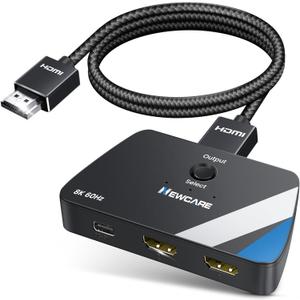 NEWCARE HDMI 2.1 Switch 2 in 1 Out with 2.6ft 8K Cable, HDMI Switcher 4K@120Hz, Bi-Directional HDMI Splitter Supports 8K@60Hz HDR10+ 3D Dolby VRR HDCP2.3 for TV PS5 Xbox Laptop Projector