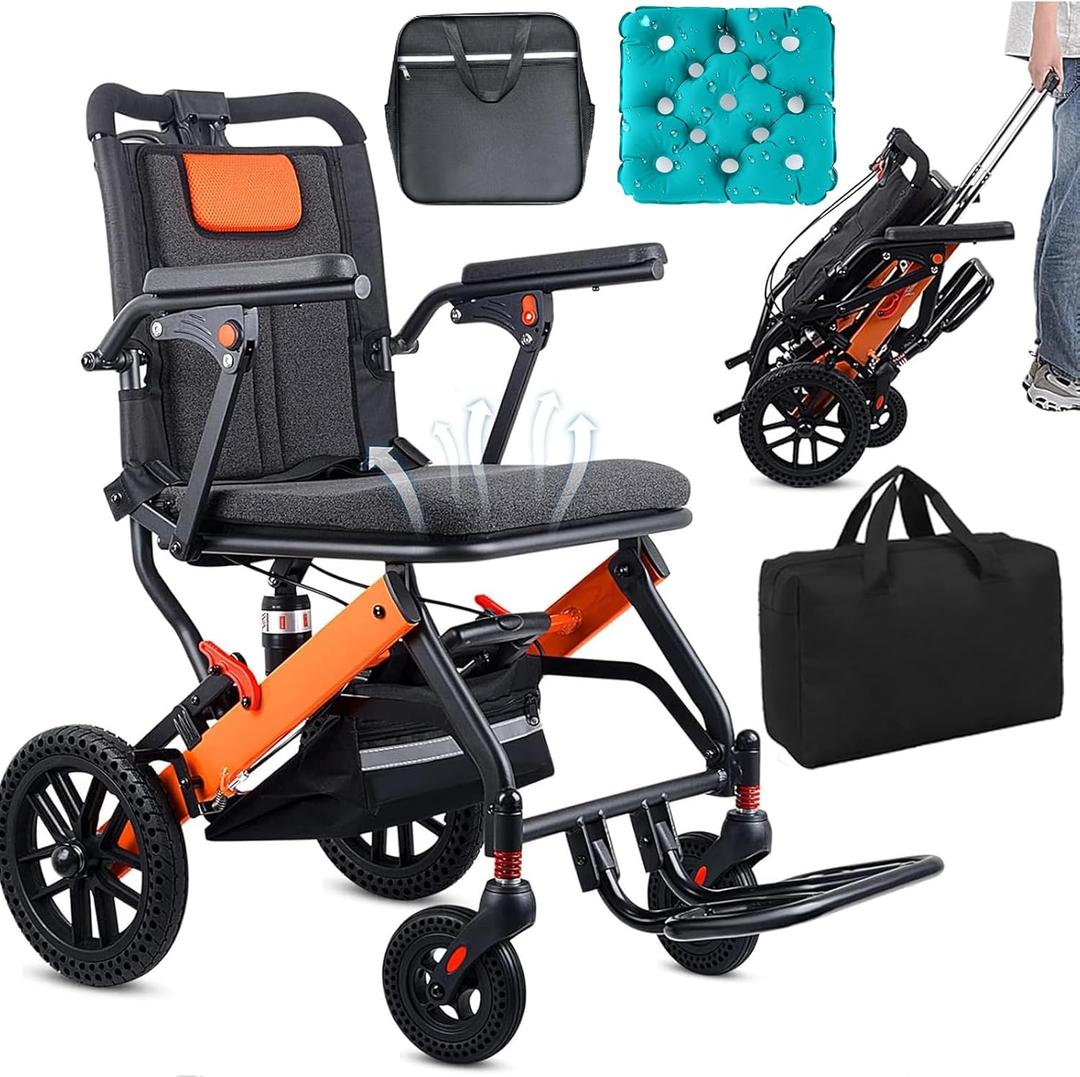 Upgraded Transport Wheelchair, Come with Telescopic Handle, Inflatable Seat Cushions, Wheelchairs for Adults, Lightweight Transport Wheelchairs, Travel Wheelchair Lightweight Foldable with 3 Bags with Black Telescopic Handle