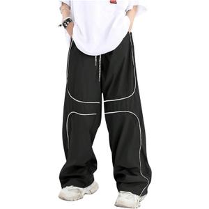 GORGLITTER Men's Baggy Track Pants Y2K Drawstring Elastic Waist Wide Leg Parachute Pants (Large, Black)
