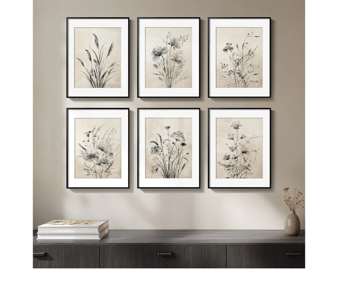 Framed Boho Vintage Botanical Wall Art, Set of 6 Black and White Floral Canvas Painting Prints with Mat for Farmhouse Living Room, Neutral Rustic Flower Artwork for Kitchen Bedroom Home Decor, 11x14