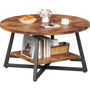 Round Coffee Table, Small Circle Coffee Table with Storage, Modern Wood Round Center Table for Living Room, Home Office, Small Space, Easy Assembly, Rustic Brown, Regular