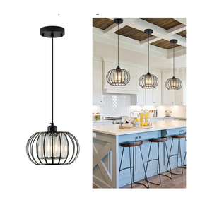 Black Pendant Light Fixture, Farmhouse Hanging Lights with Crystal, Adjustable Mini Kitchen Pendant Light, Modern Industrial Metal Wire Caged Hanging Pendant Lamp for Living Room, Bedroom