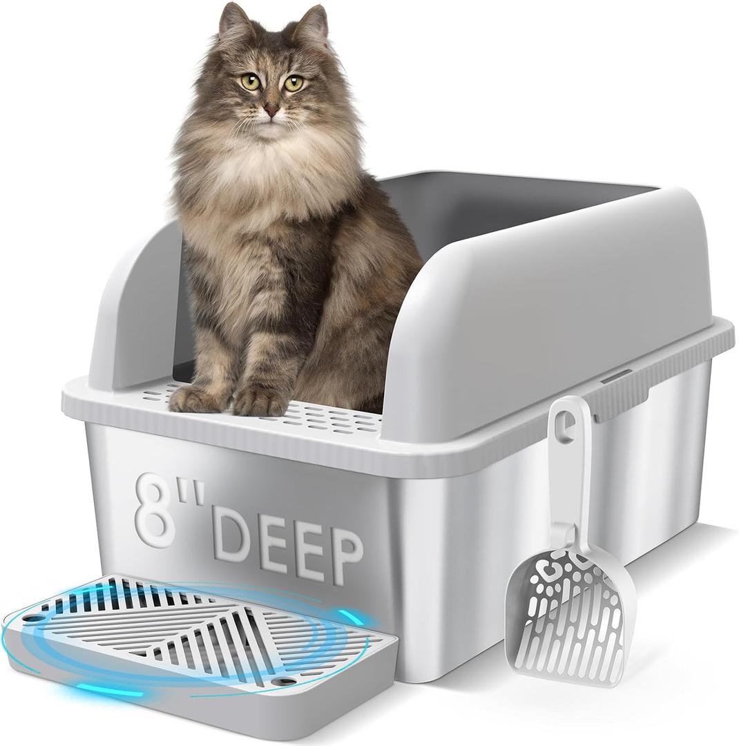 8" Deep Stainless Steel Cat Litter Box with Lid Extra Large Litter Box for Big Cats XL Metal Litter Pan Tray with High Wall Sides Enclosure, Non-Sticky, Anti-Leakage, Easy Cleaning (Light Grey & Sliver)