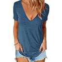 Topstype Women's Deep V Neck Tops Casual Low Cut Short Sleeve Shirts(Deep V Neck Blue, XL