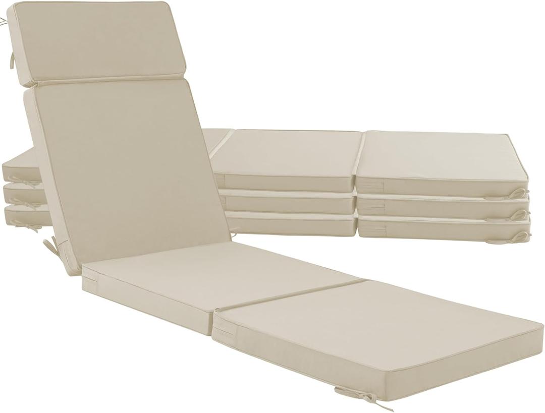 72 x 21 Inch Outdoor Chaise Lounge Cushions Set of 4 - Removable Cover, 4-Section Design, Water-Repellent & Fade-Resistant, 6 Tie Straps, Replacement for Patio & Pool Chairs - Cream