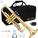 Bb Standard Trumpet Set for Beginner or Advanced Student, Brass Student Trumpet Instrument with Hard Case, Cleaning Kit, 7C Mouthpiece and Gloves (Gold)