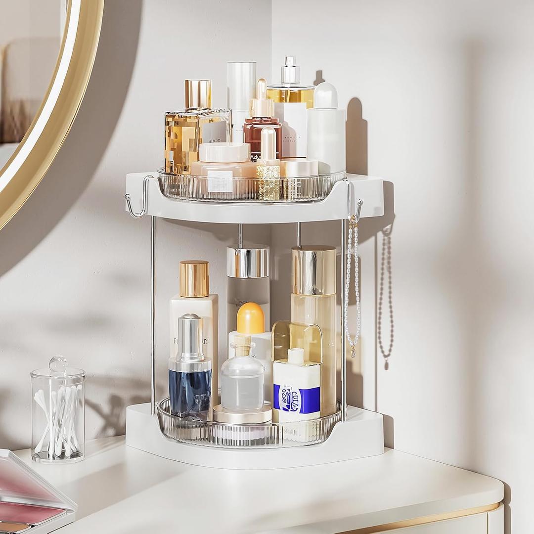 Delamu Bathroom Counter Organizer, Rotating Makeup Organizer Countertop, Easy to Install, Ideal for Bathroom Storage, Vanity, Perfume, Large Skincare Items, Present, and More, White