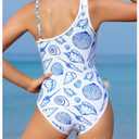 Milumia Girl's One Piece Swimsuits Seashell Print Asymmetrical Neck Bathing Suits Beachwear White 10 Years (Blue)