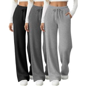 3 Pack Women's Ribbed Knit Lounge Pants Comfy Wide Leg Slacks with Pockets Loose Yoga Sweatpants Casual Joggers XXL