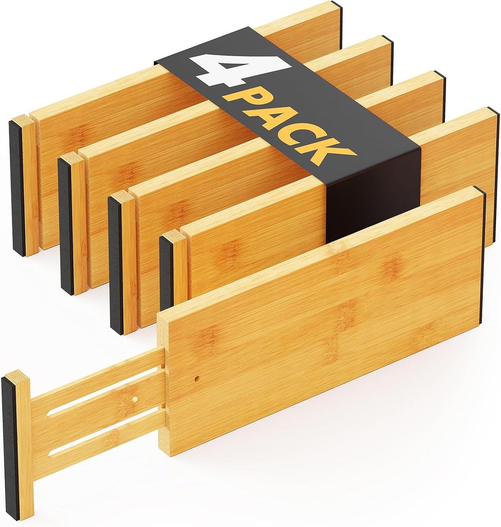 SpaceAid Bamboo 4 Pack Dresser Drawer Dividers, 4.65 High Adjustable 12.5-17 Drawer Organizers, Expandable Organization for Clothing, Clothes, Dressers, Natural