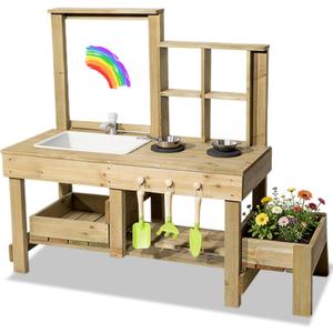 Mud Kitchen Playset for, Outdoor Wooden Toy Play Kitchen Set for Boys and Girls, Kitchen Accessories and Garden Sink with Faucet & Storage Shelves for Backyard Garden Toy (Natural), 47.2" x 18.5" x 39"