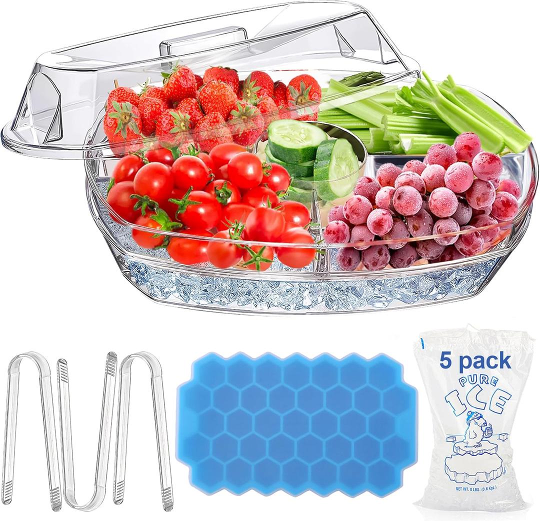 15 Inches Divided Serving Tray, Party Platters and Trays with Lid, Snackle Box Container, Fruit Tray, Veggie Tray, Chilled Serving Trays for Food, Appetizers, Desserts, Cold Food Buffet Server