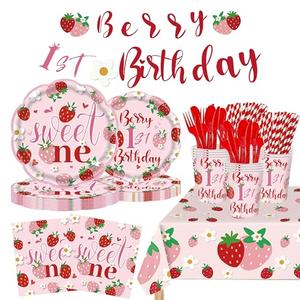 GalaHub Berry First Birthday Decor, 194Pcs Strawberry Party Supplies Serves 24 Guests Includes Plates, Cutlery, Cups, Napkins, Tablecloth & Banner