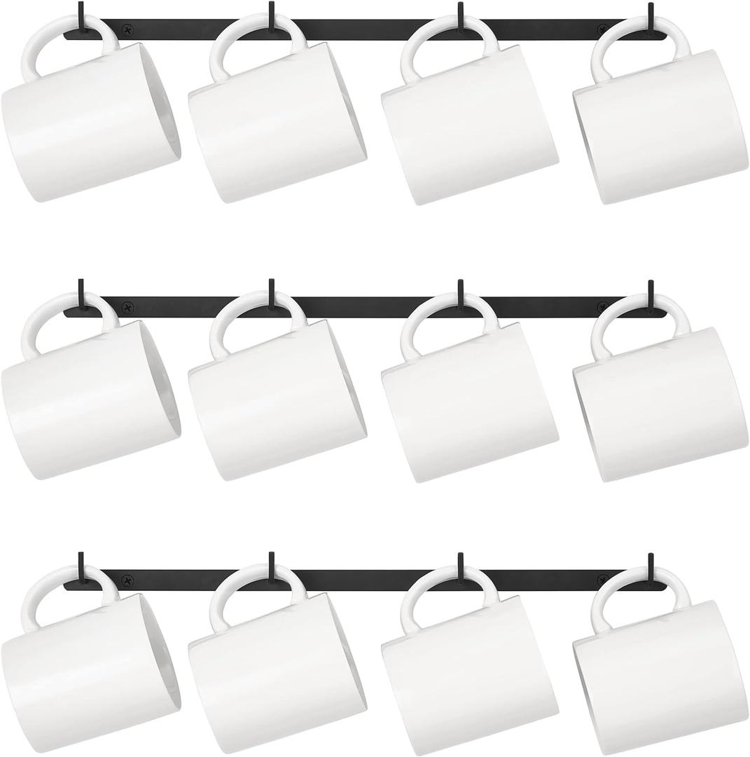 Dahey Metal Coffee Mug Rack Wall Mounted with 12 Mug Hooks, Set of 3, Mug Display Rack Cup Holder Storage for Kitchen Dining Room Coffee Bar, Black