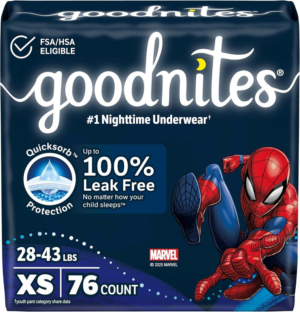 Goodnites Boys' Nighttime Bedwetting Underwear, Size Extra Small (28-43 lbs), 76 Ct (2 Packs of 38)
