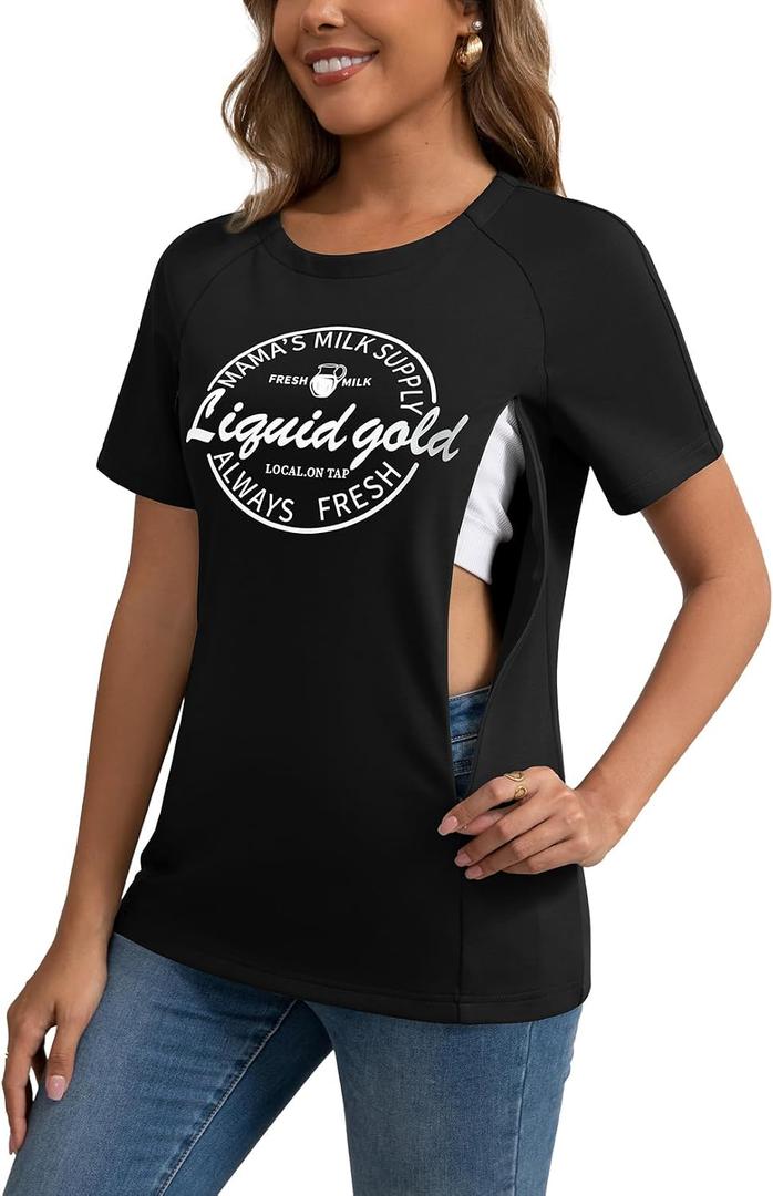 GINKANA Women's Nursing Shirts for Breastfeeding with Hidden Zippers Loose Fit Nursing Tops Comfortable Tshirt Mama Clothes (Black, L)