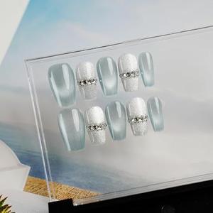 [GLORS] Purly Handmade Medium Ballerina Press on Nails | Blue False Nails with Rhinestones, 10 Pieces (Medium, MB)