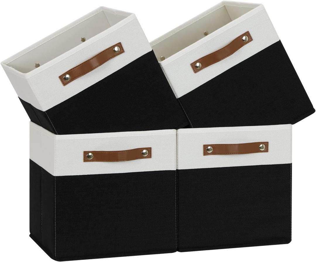 Temary 11 inch Cube Storage Bin 4 Pack Fabric Storage Cubes for Home, Fabric Storage Bin Storage Cube Bins with Leather Handles(White&Black)