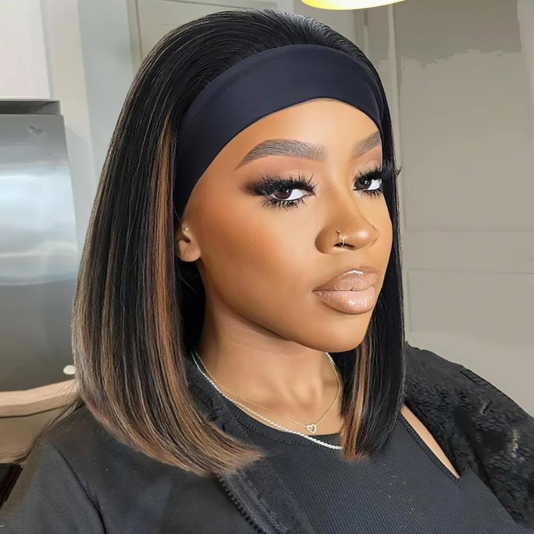 Highlight Headband Wigs for Black Women Brown Straight Short Bob wig Put On and Go bob Glueless Synthetic Hair for Daily Party Use(10inch)