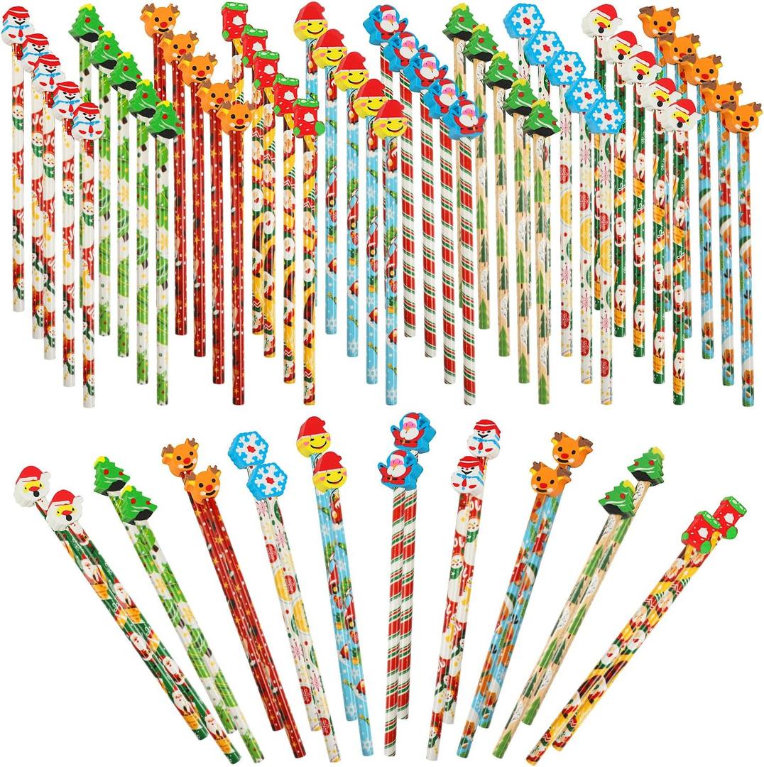 Crtiin 50. Pcs Christmas Pencils and Mini Erasers Bulk for Kids Assorted Funny Holiday Pencil Erasers Snowman Santa Claus Christmas Tree Gingerbread Man Cartoon Xmas Party Gifts Prizes Favor
