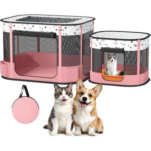 Portable Cat Playpen with litter box area, Foldable Pet Dog Playpen, for Kitten Puppy Play Pen Indoor/Outdoor, Cats Enclosure Cages Tent with Carrying Case, 600D Oxford 8-Rods, 32"x24"x22", Pink